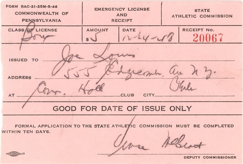 1948 Joe Louis Boxing License - Pink Copy